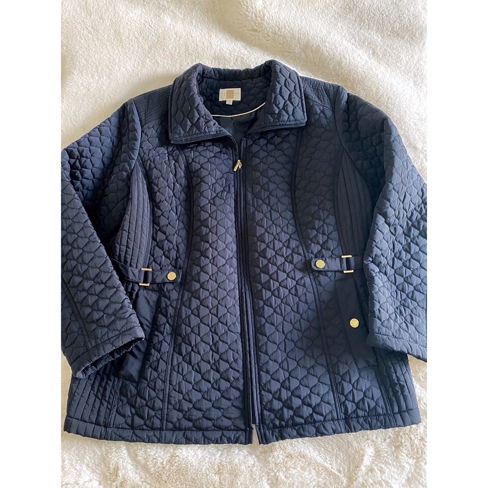 Gallery Woman Navy Blue Quilted Zip-Up Jacket Gold Hardware 1X Plus Size